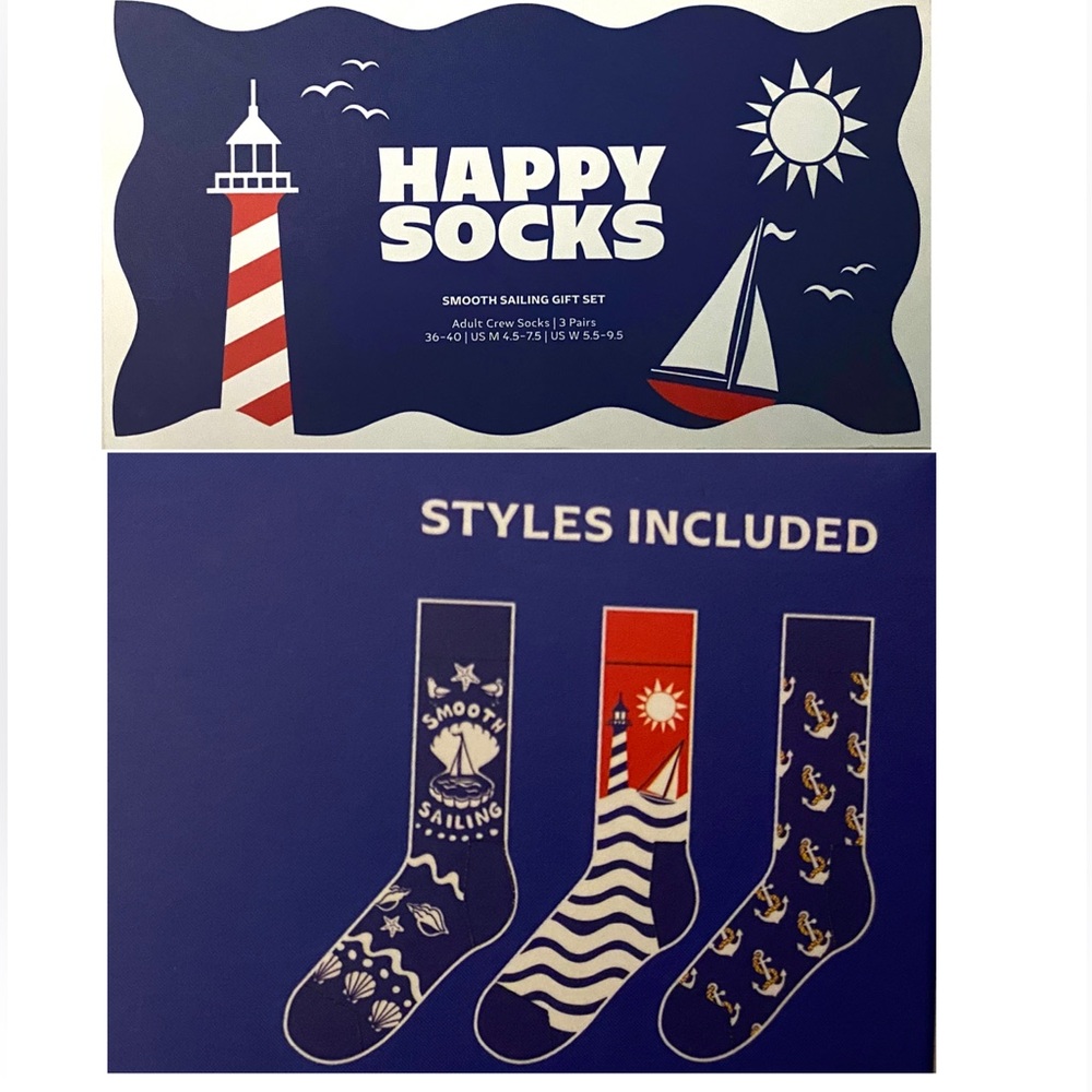 3 Pairs of Happy Socks Nautical Gift Combed Cotton Blend Smooth Sailing